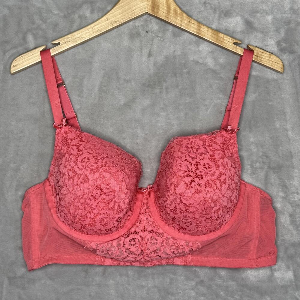 Cacique Bra Womens 40C Coral Pink Lightly Lined Balconette Lace Mesh Underwire